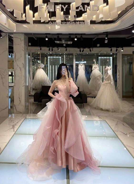 Ball Gown Strapless Long Satin Pink Prom Dress P1262