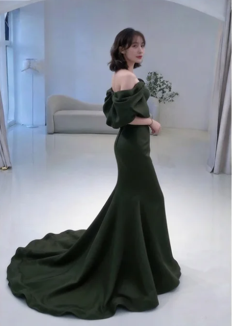 Mermaid Off The Shoulder Dark Green Long Prom Dress P1268