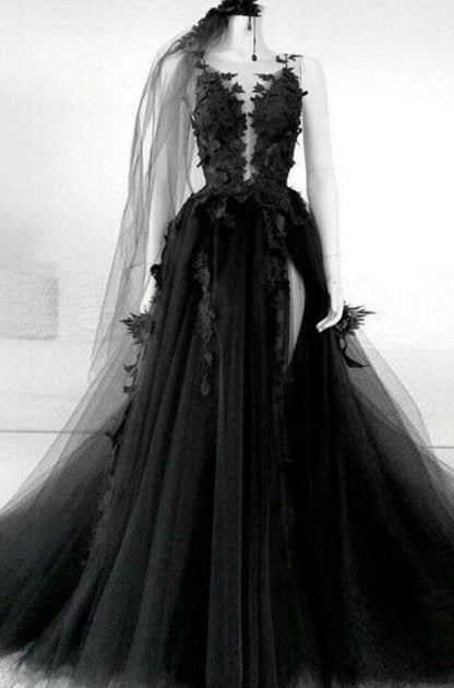 A line Long Black Tulle Lace Prom Dress P1272