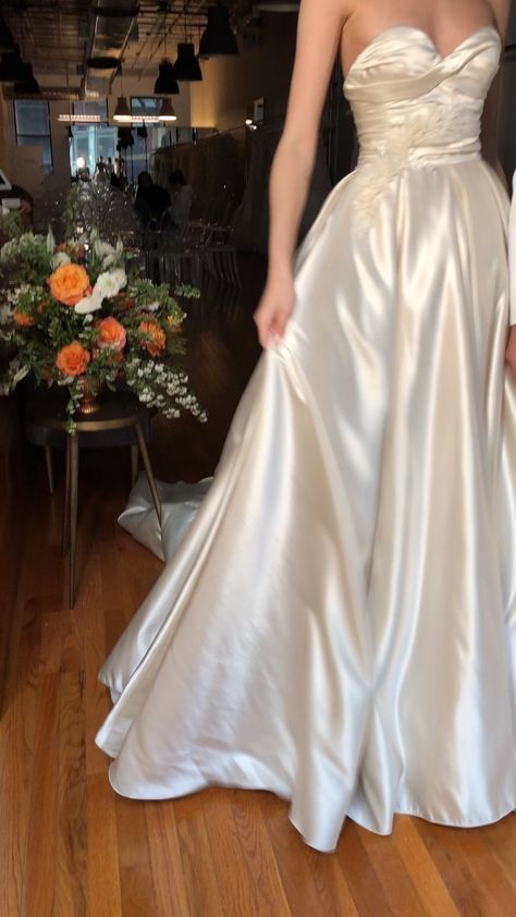 Vintage A line Strapless Long White Satin Wedding Dresses P1277