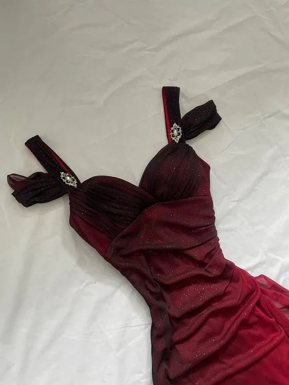 Vintage Shiny Burgundy Sheath Chiffon Shoulder Strap Design Long Prom Dress Evening Dress TP4296