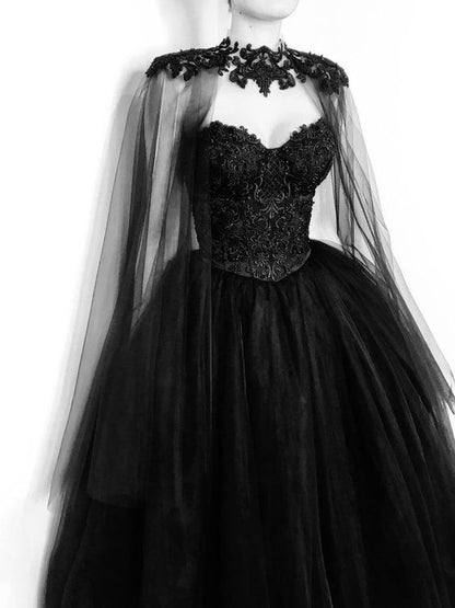 Vintage A line Beaded Strapless Tulle Long Prom Dress Black Formal Dress P1306