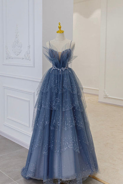 Vintage Blue Tulle Beaded Long Senior Prom Dress A-Line Blue Formal Dress P1307