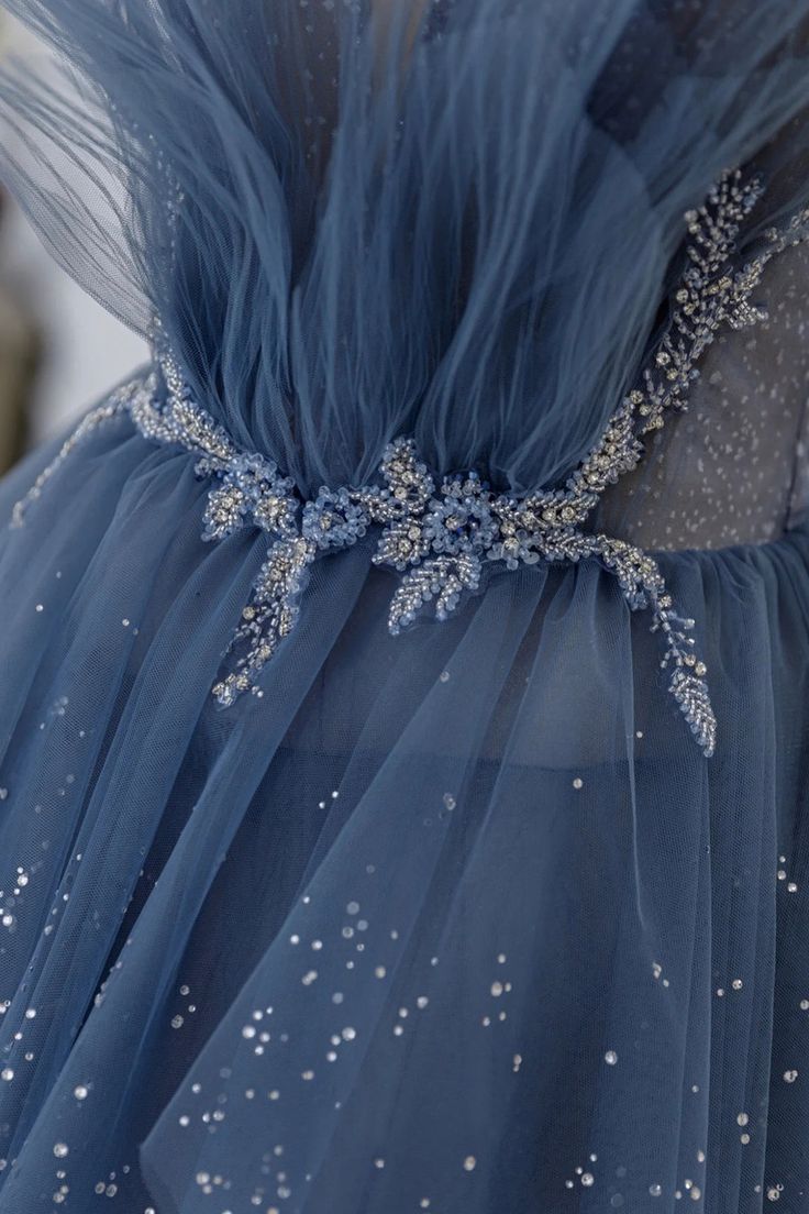 Vintage Blue Tulle Beaded Long Senior Prom Dress A-Line Blue Formal Dress P1307