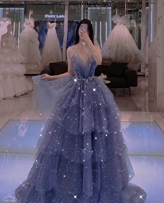 Vintage Blue Tulle Beaded Long Senior Prom Dress A-Line Blue Formal Dress P1307