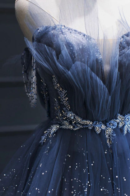 Vintage A-Line Blue Tulle Beaded Long Senior Prom Dress Formal Dress P1308