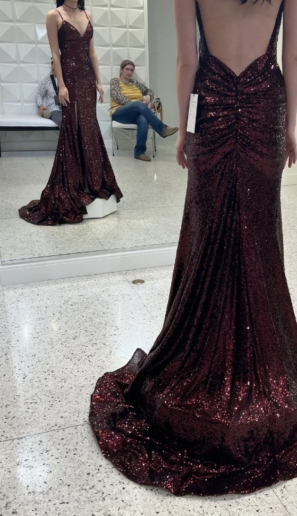 Mermaid Burgundy Sequin Floor Length Prom Dress 22st Birthday Outfit P1374