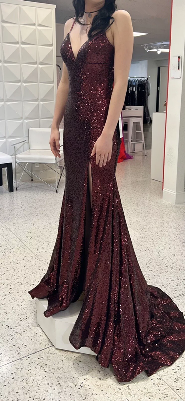 Mermaid Burgundy Sequin Floor Length Prom Dress 22st Birthday Outfit P1374