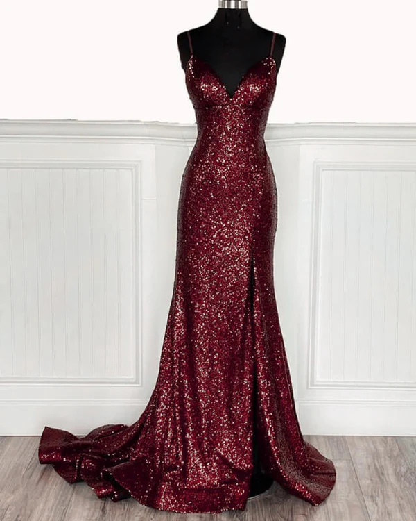 Mermaid Burgundy Sequin Floor Length Prom Dress 22st Birthday Outfit P1374