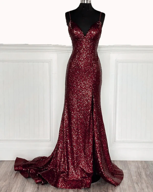 Mermaid Burgundy Sequin Floor Length Prom Dress 22st Birthday Outfit P1374