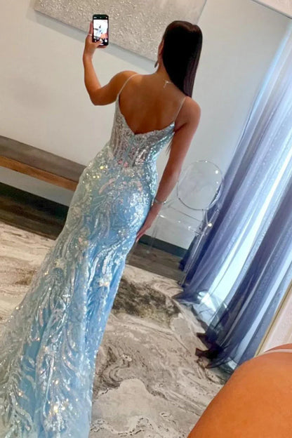 Mermaid Light Sky Blue Long Sequin Prom Dress 21st Birthday Outfit P1378