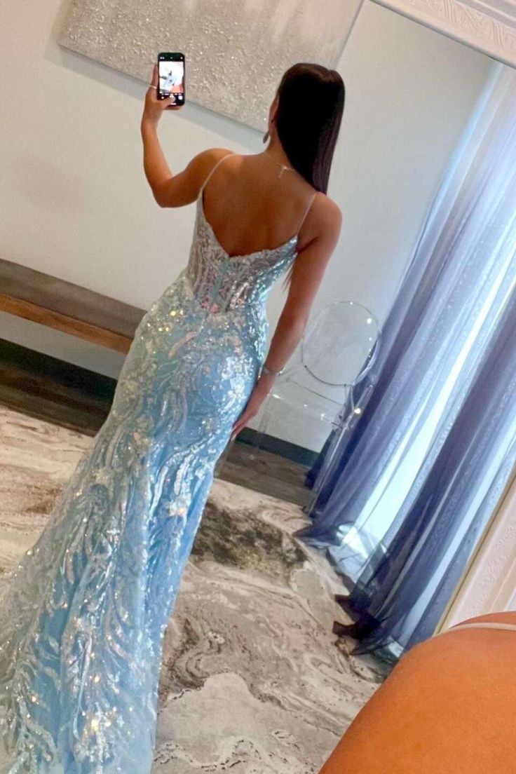 Mermaid Light Sky Blue Long Sequin Prom Dress 21st Birthday Outfit P1378