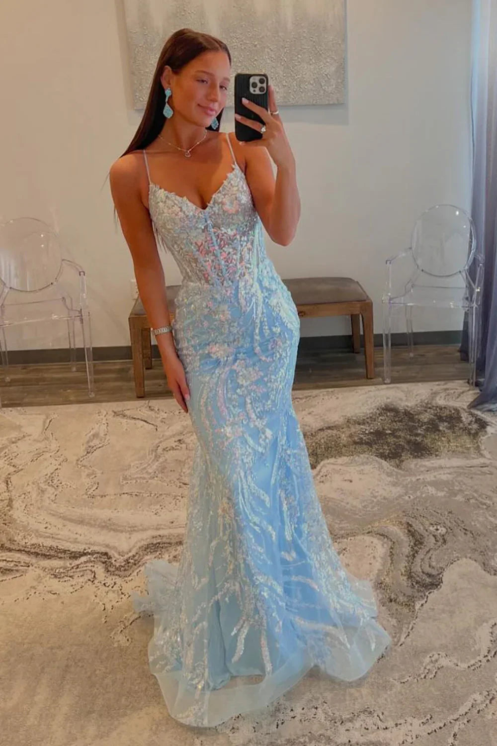Mermaid Light Sky Blue Long Sequin Prom Dress 21st Birthday Outfit P1378