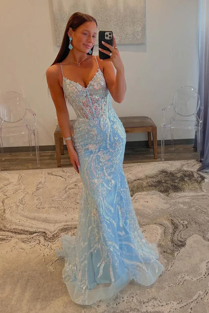 Mermaid Light Sky Blue Long Sequin Prom Dress 21st Birthday Outfit P1378