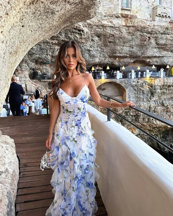 Vintage Floral Spaghetti Strap Ruffle Mermaid Chiffon Prom Dress Party Dress Evening Dress TP4498