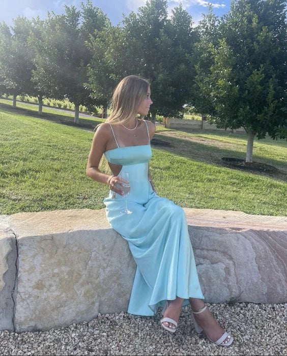 Vintage Aqua Spaghetti Strap Mermaid Satin Prom Dress Party Dress Evening Dress TP4499