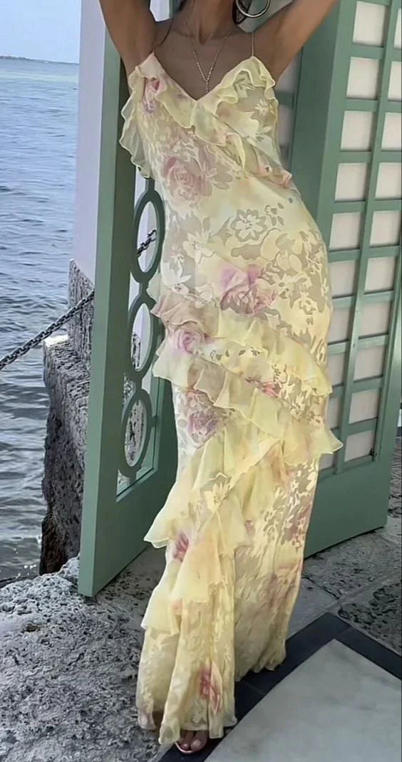 Charming Floral V-neck Spaghetti Strap Ruffle Mermaid Long Prom Dress Party Dress Evening Dress TP4493