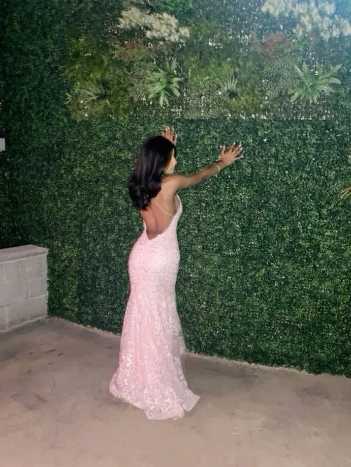 Enchanting Pink Lace Backless Mermaid Long Prom Dress Party Dress Evening Dress TP4490