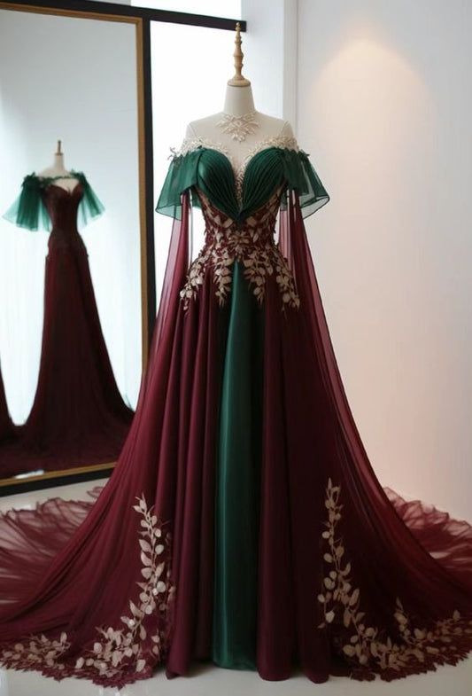 Vintage A Line High Neckline Tulle Burgundy Prom Dress P1463