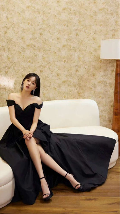 A line Off Shoulder Black Long Prom Dress With High Slit P1514