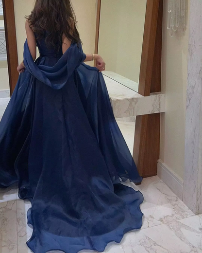A line Strapless Navy Blue Long Prom Dress With Straps P1516