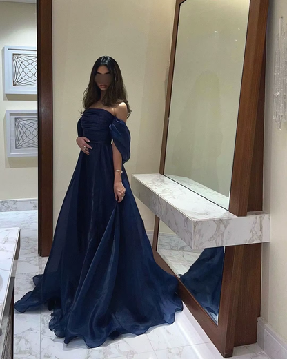 A line Strapless Navy Blue Long Prom Dress With Straps P1516