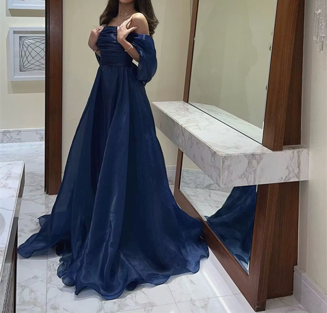 A line Strapless Navy Blue Long Prom Dress With Straps P1516