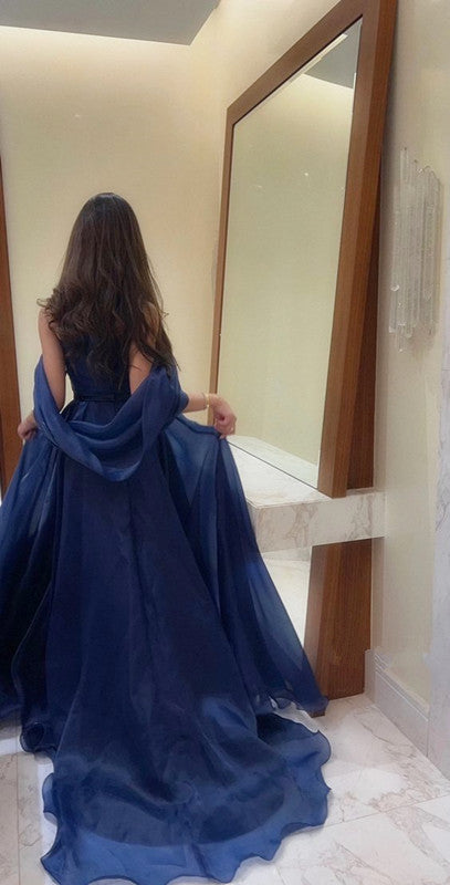 A line Strapless Navy Blue Long Prom Dress With Straps P1516
