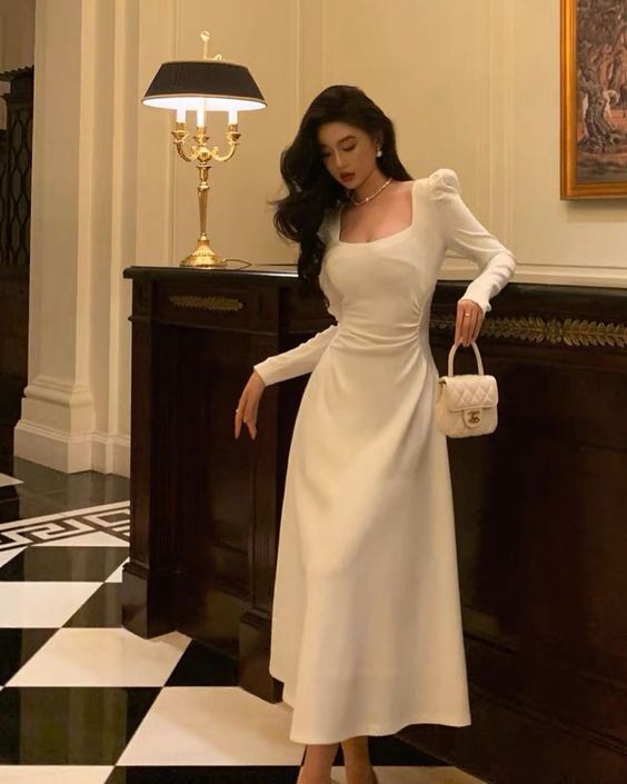 Sexy A line Square Neckline Long Sleeves White Prom Dress P1528