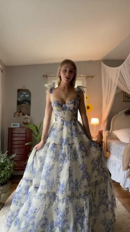 Sexy A line Long Blue Floral Prom Dress Blue and White Party Dresses P1590