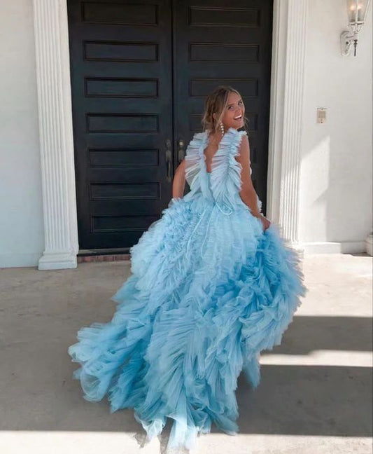 Sky Blue New Style Long Prom Dress Puffy Sleeveless Party Dresses P1593