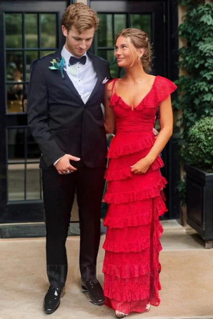Red Fitted V-Neck Sleeveless Tiered Lace Party Dress