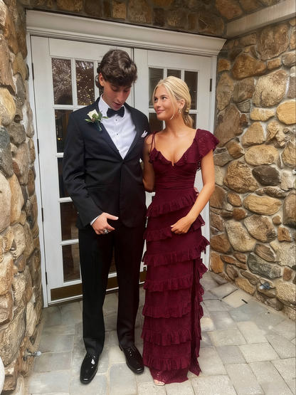 Sexy Sheath Lace Red Prom Dress Ruffles Party Dresses P1609
