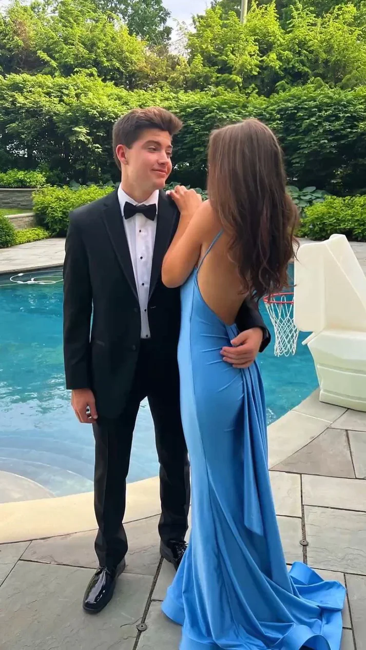Sexy Mermaid Straps Neckline Backless Blue Long Prom Dress P1626