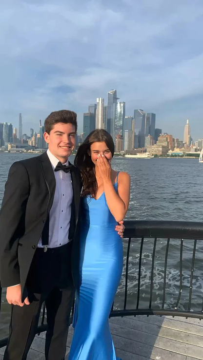 Sexy Mermaid Straps Neckline Backless Blue Long Prom Dress P1626