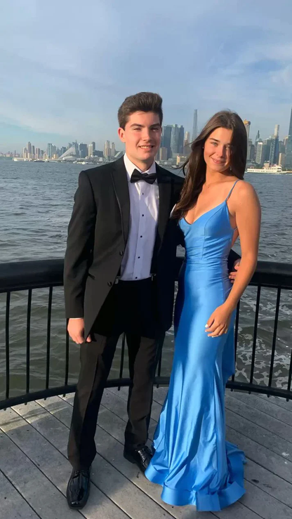 Sexy Mermaid Straps Neckline Backless Blue Long Prom Dress P1626