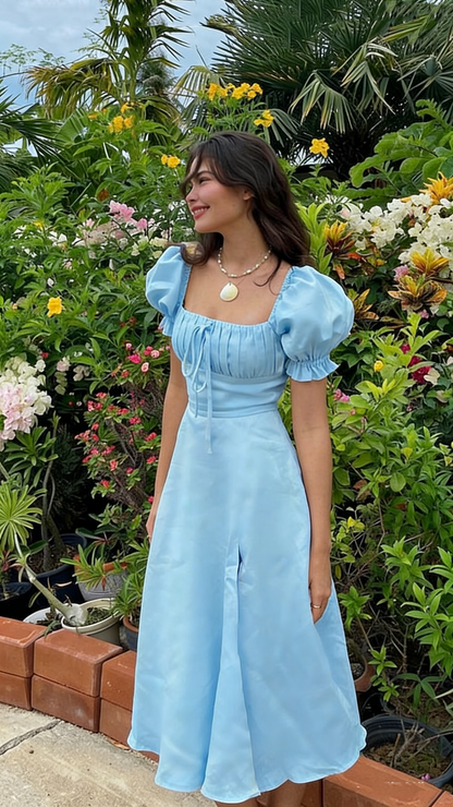Light Yellow A-line Prom Dress with Puff Sleeves P1673