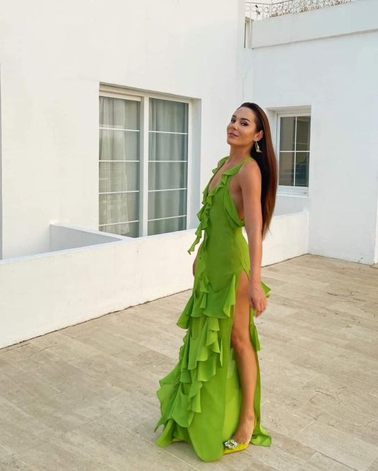 Sexy A line Halter Ruffles Floor Length Chiffon Green Prom Dress 1696
