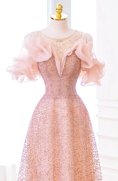 Luxurious A Line Off The Shoulder Pink Tulle Long Prom Dress P1719