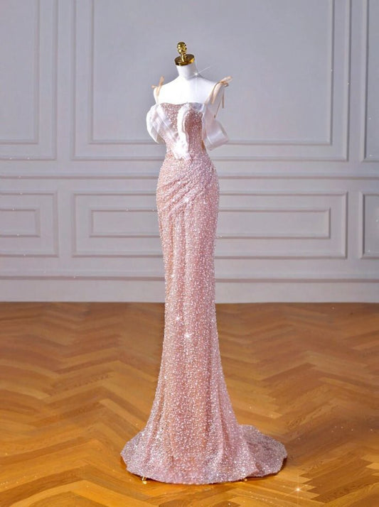Sparkly Mermaid Straps Pink Tulle Pearls Long Prom Dress P1722