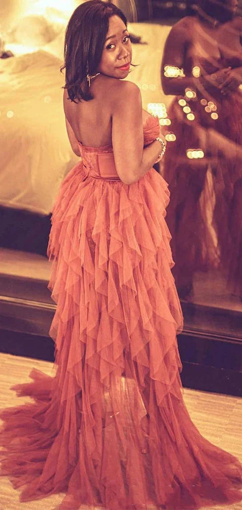 Rust Red Sweetheart High Low Tiered Prom Dress P1750