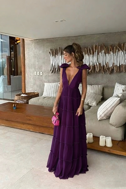 New Hot Pink Backless Long Prom Dress V Neck Formal Gown P1773