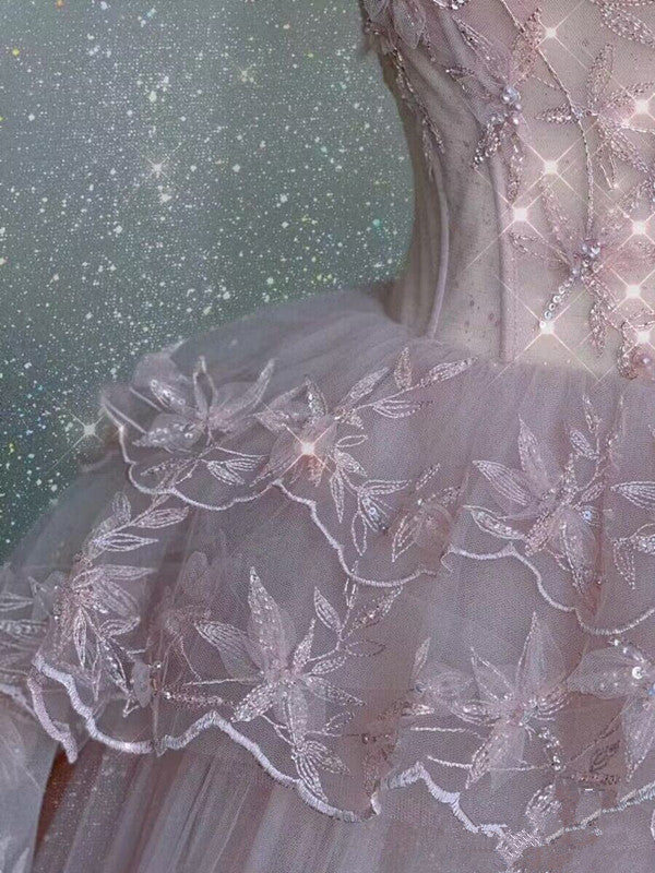 Vintage Pink Lace Shiny Sequin A-Line Tulle Prom Dress Party Dress Evening Dress TP4505