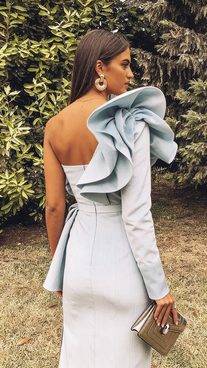 Sexy Sheath One Shoulder Light Sky Blue Long Prom Dresses P1811