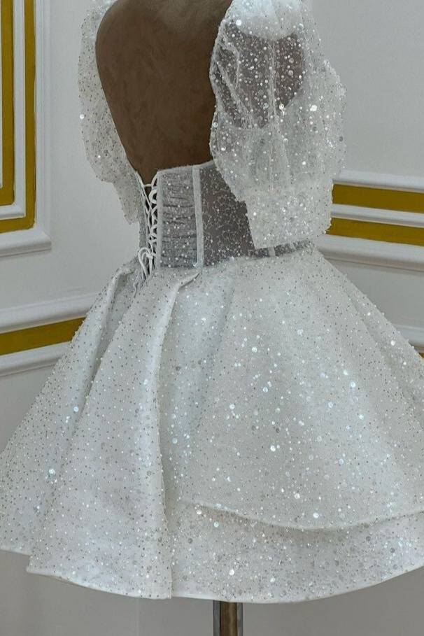 Sparkly A line Short Cocktail Dresses White Sequin 18th Birthday Outfits P1817