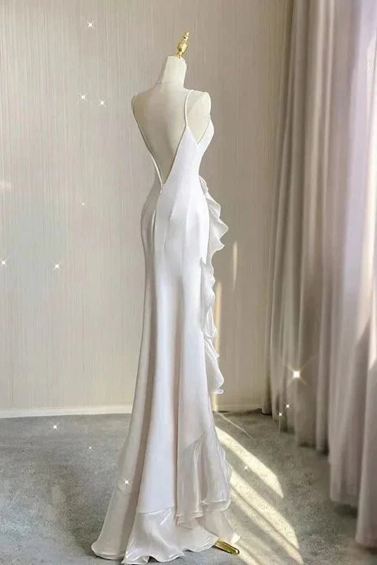 Black/Wine Red/White Fashion Elegant Spaghetti Strap Backless Long Chiffon Mermaid Slim Ruffle Ball Gown gh3460