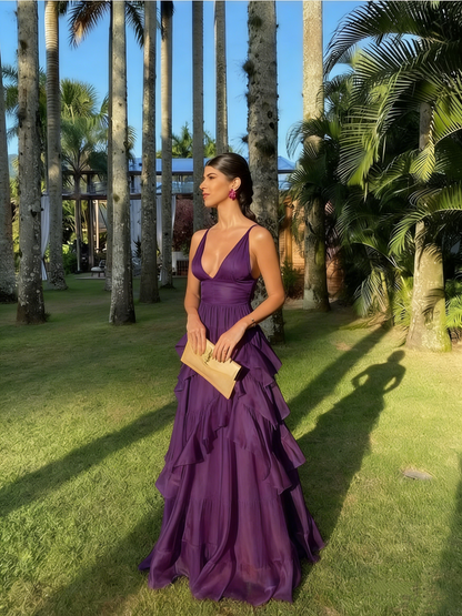 A Line Orange Long Prom Dresses V Neck Formal Dress Outfits P1899