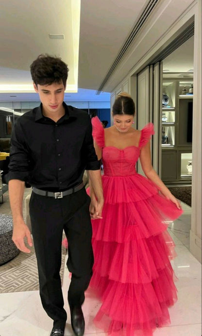 Hot Pink Tulle A-line Straps Long Evening Prom Dresses P1913