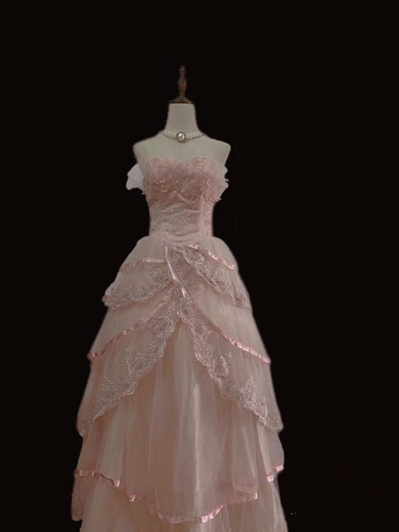Fairy Ball Gown Strapless Pink Lace Prom Dresses Long Evening Dress P1943