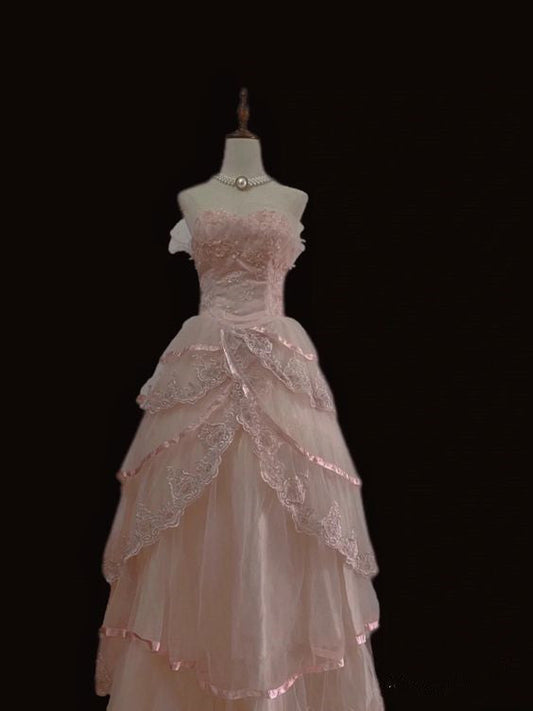 Fairy Ball Gown Strapless Pink Lace Prom Dresses Long Evening Dress P1943
